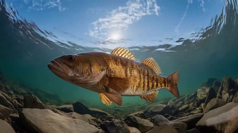 Majestic Smallmouth Bass Swims through Sunlit Underwater River with Rocky Bottom Stock Footage - Video of bass, swimming: 418774244